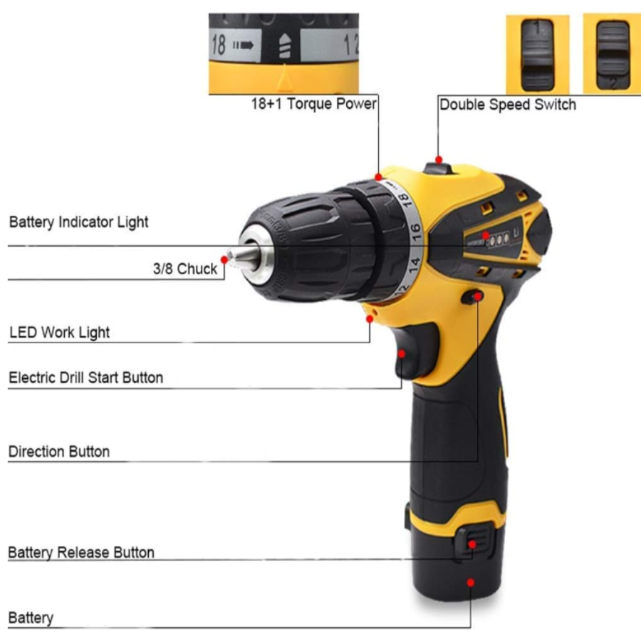 Taladro Amarillo Inalámbrico con Batería Recargable